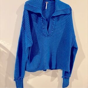 Free People Oversized Small Marley collared V-neck Blue sweater MSRP $128